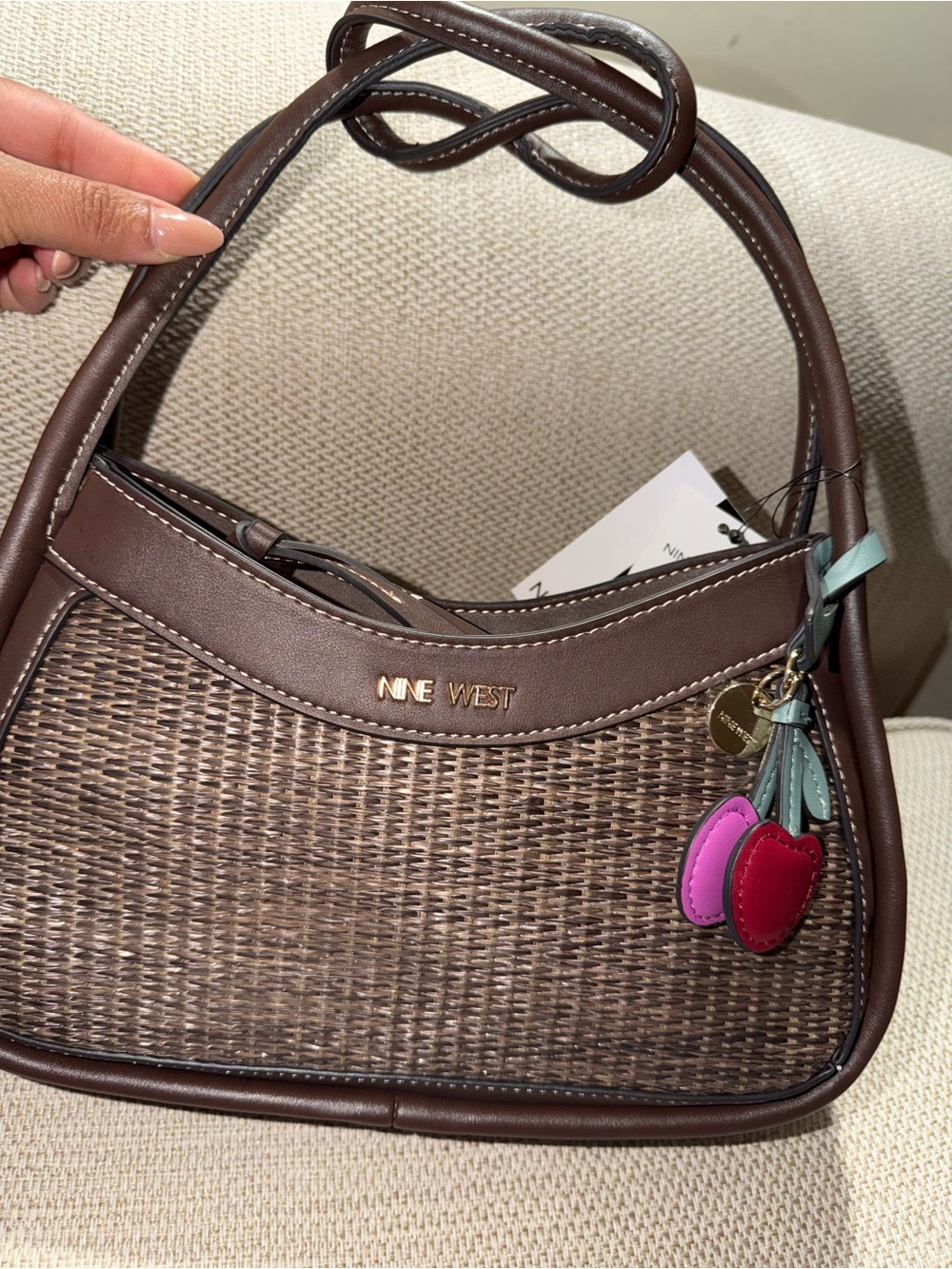 Nine West Brown Woven Shoulder Bag with Pink & Red Heart Charms